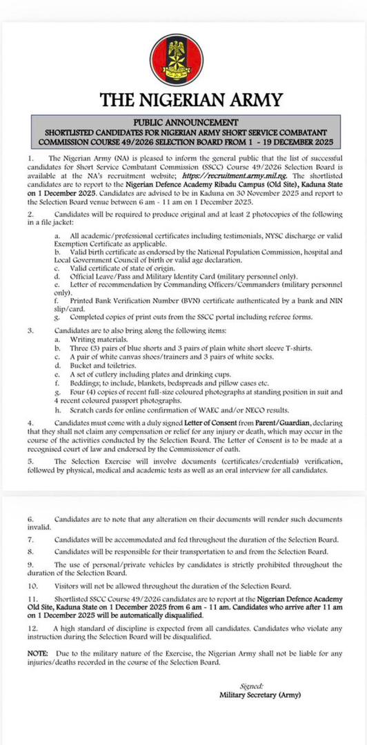 Nigerian Army SSC Course 49/2026 Shortlisted Candidates