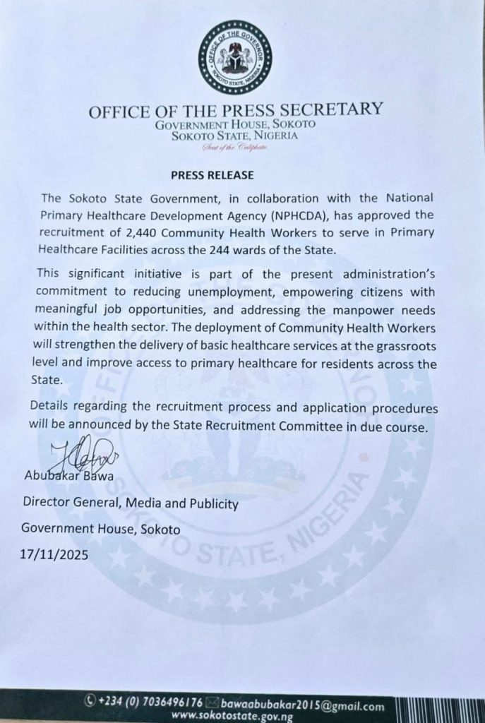 Sokoto State Community Health Workers Recruitment 2025