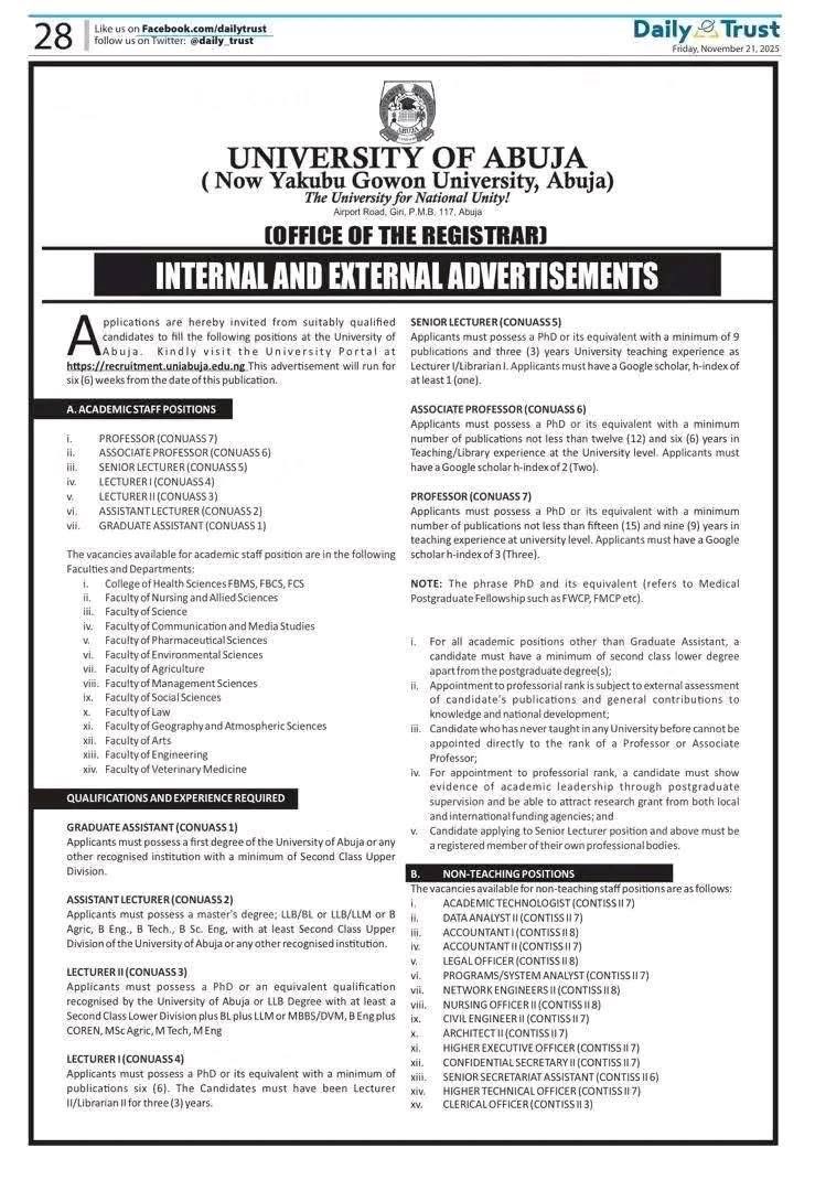 UniAbuja Recruitment 2025