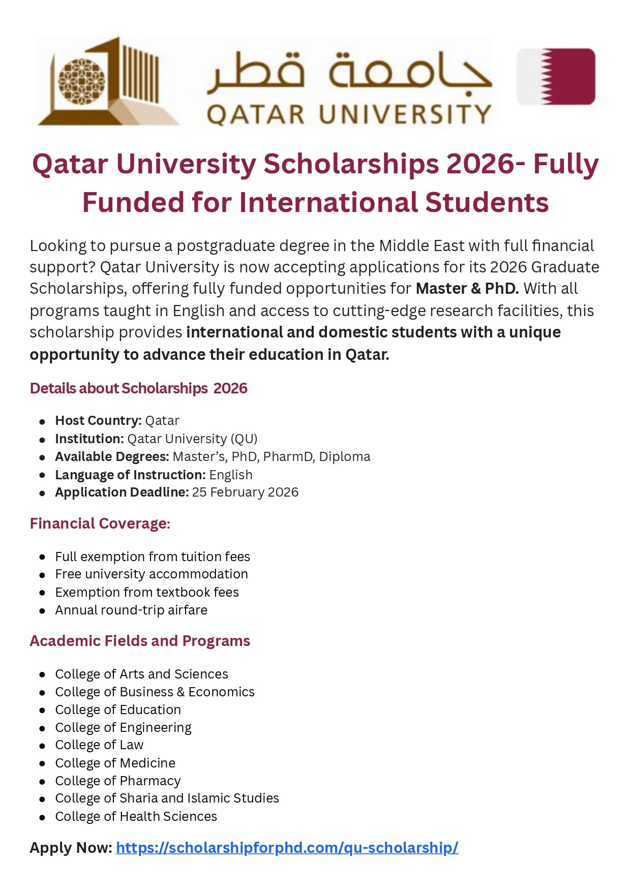 Qatar University Fully Funded Scholarship 2026 for International Students Apply Now