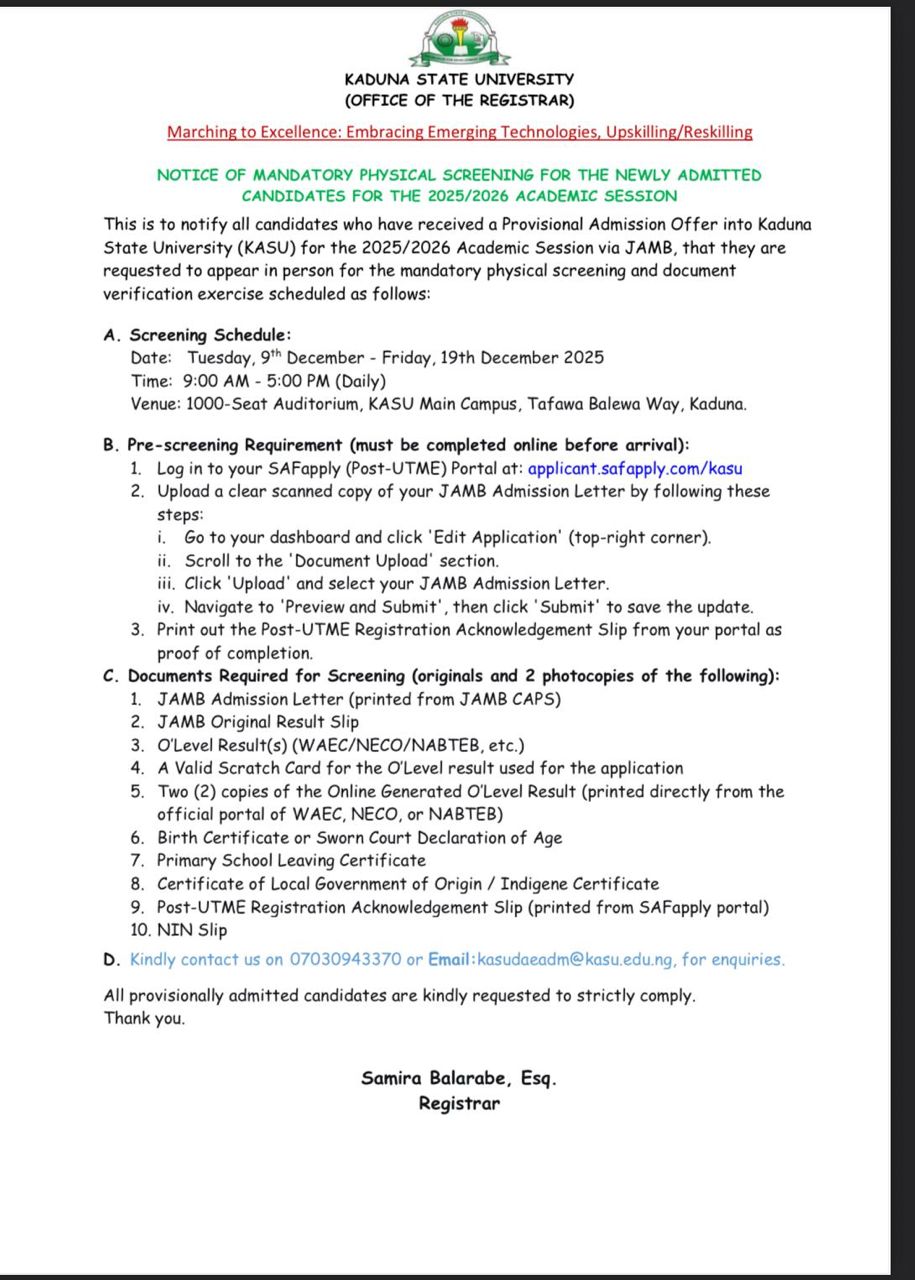 KASU Physical Screening for Newly Admitted Candidates 2025/2026 Session