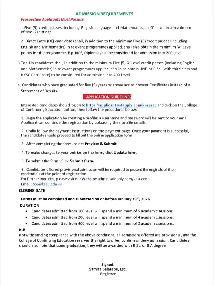 KASU Part-Time Degree Admission Form 2025/2026